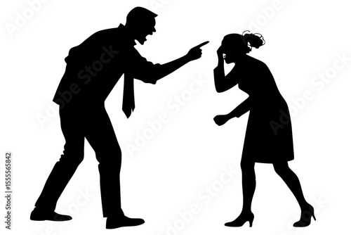 Aggression and abuse concept - man and woman expressing domestic violence in studio silhouette isolated on white background