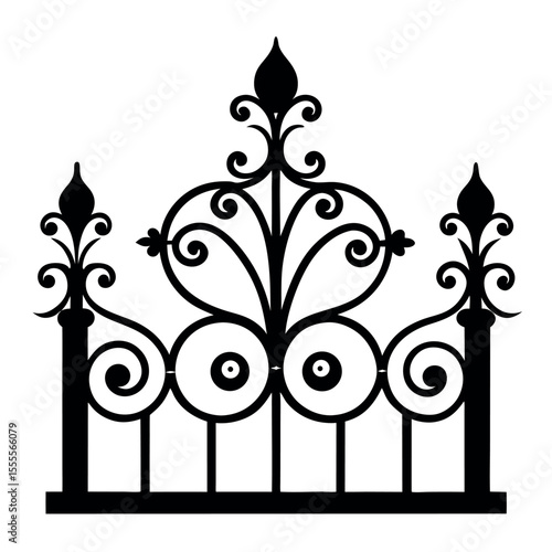 Victorian era cast iron wrought fence, ornamental swirls, floral motifs, symmetrical design, isolated on white background, silhouette style, highly detailed, black metal (1).