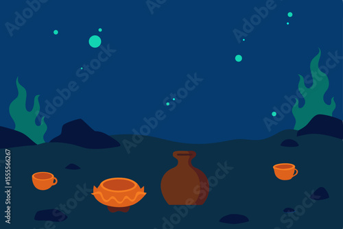 Mysterious Underwater Scene Sunken Pottery and Aquatic Life