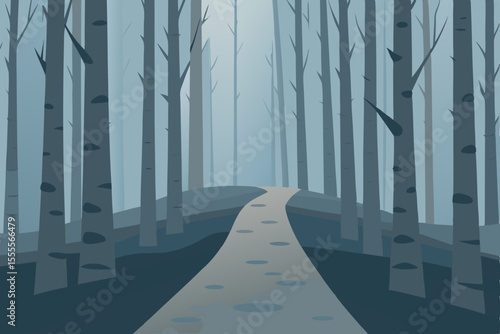 Empty perspective of a stone corridor with winter light on a road to the sea in the fog