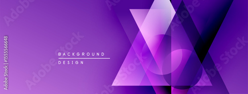 Purple gradient background features abstract geometric shapes. Overlapping triangles create dynamic visual effect. Modern design elements present.