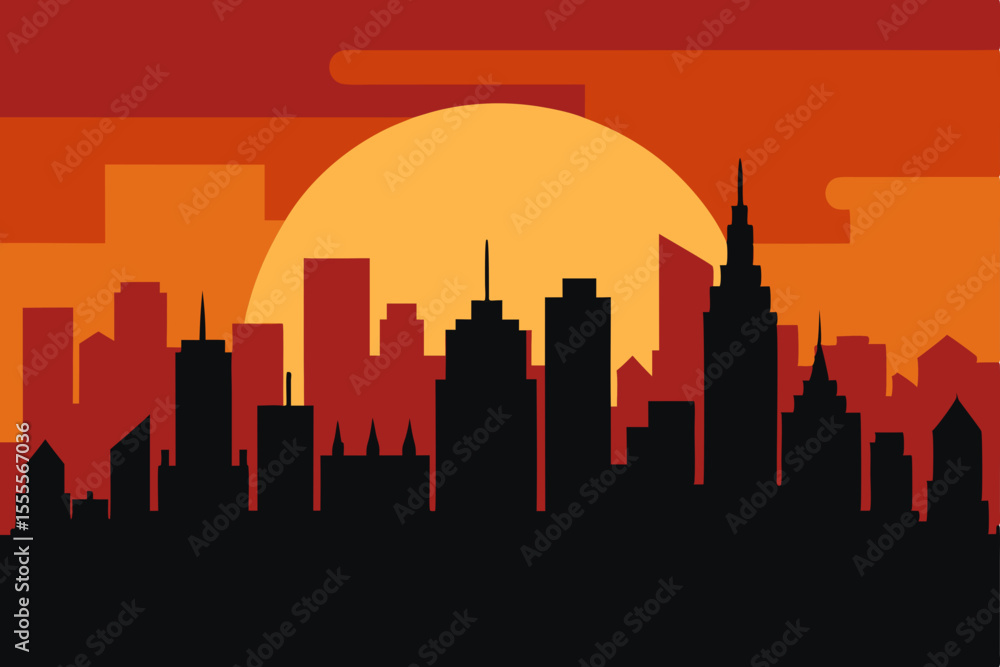 Fototapeta premium USA city skylines at sunset, featuring Los Angeles and Seattle, in a black silhouette vector illustration