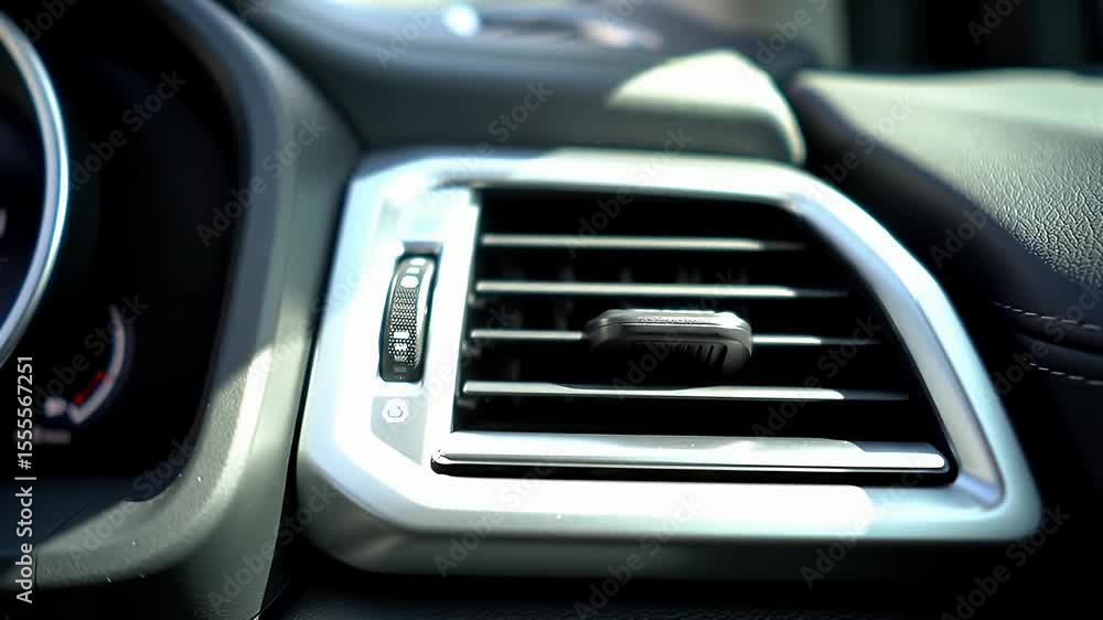 Air blowing from a car's AC vent, dash, and a gauge is partly visible Air blowing from a car's AC vent, dash, and a gauge is partly visible