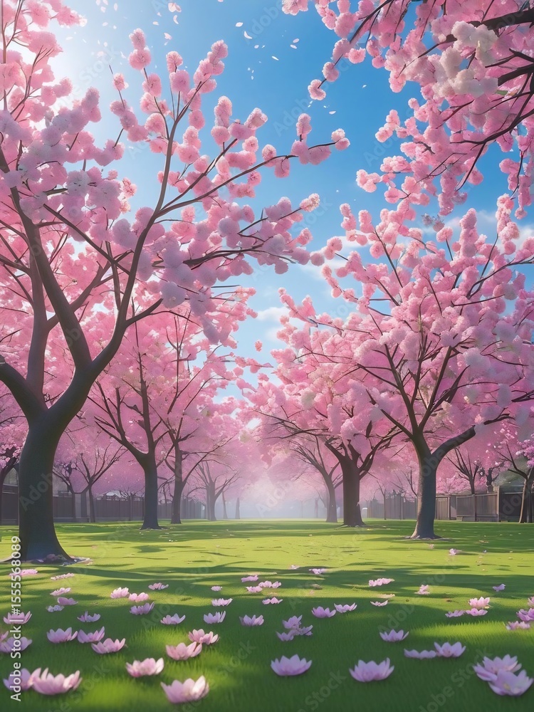 Naklejka premium A Serene Spring Day in Full Bloom Cherry Blossom Tree Lined Path
