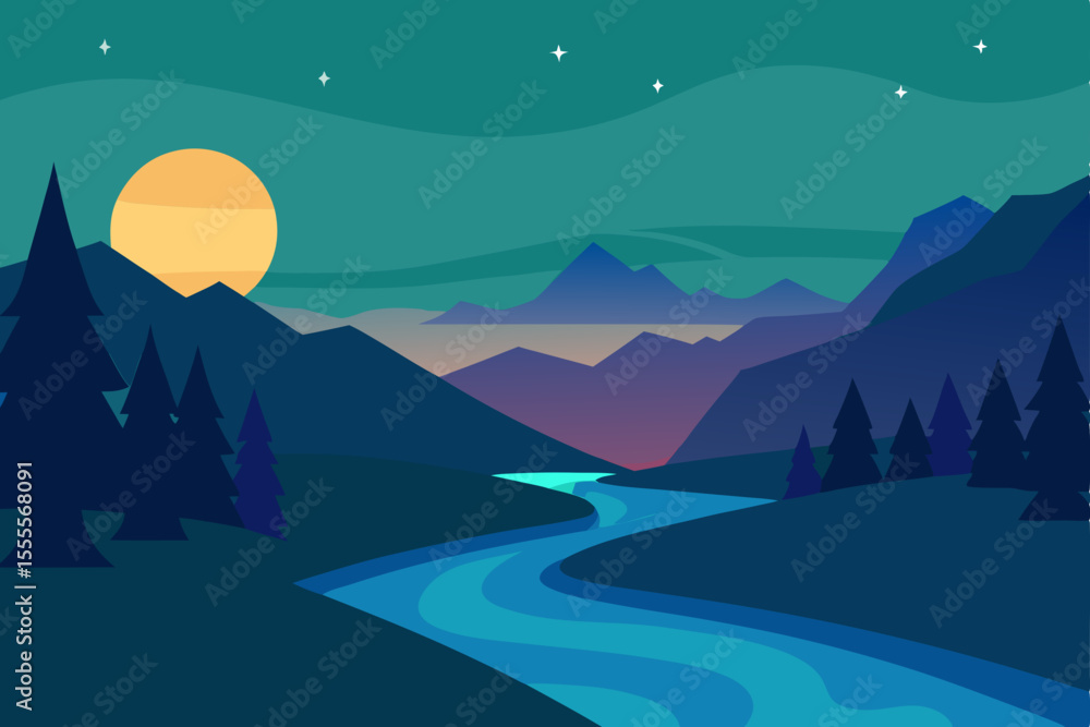 Obraz premium Winter mountain landscape at dawn with snow-covered trees, blue sky, and a misty horizon