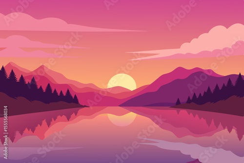 Misty morning and evening views across the mountain landscape reveal a serene lake under a sky of changing sunrise and sunset hues, cloaked in nature's tranquil fog