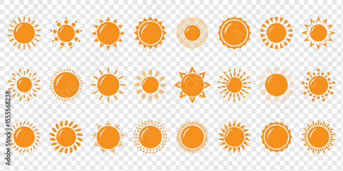 Sun vector illustration set in yellow color. Sun icon set. Yellow sun icons. Sunset icon collection. Yellow sun star icons. Solar energy. Vector illustration