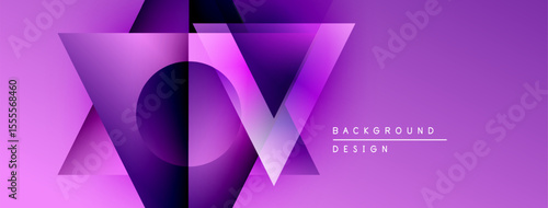 Abstract purple design features geometric shapes, gradients, layers. Modern background with text elements, simple composition.
