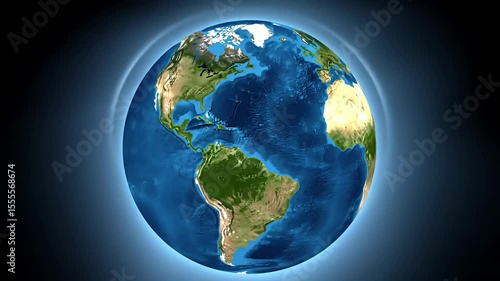 Rotating earth globe showing land and ocean, glowing against dark