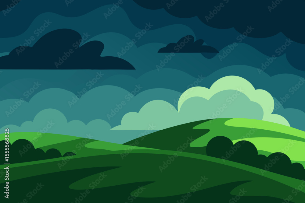 Fototapeta premium Mountainous landscape with green fields, trees, and cloudy sky