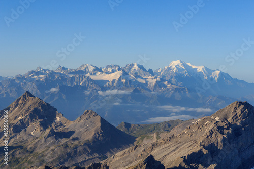 Mountain panorama with mountain massif Mont Blanc in the morning seen from Grand Muveran in Swiss Alps, Switzerland