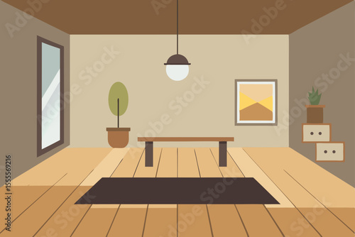 Modern interior design featuring a luxurious living room with a sleek sofa, wooden floor, and large window