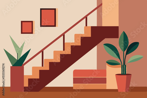 Red and green leaved wooden stairway up to the sky concept