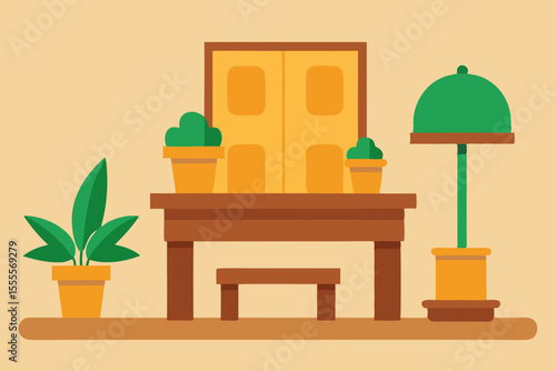 Cozy Home Interior Design Potted Plants, Wooden Table, and Lamp