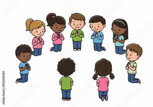 Diverse group of cartoon children kneeling in a circle and praying together on a white background.