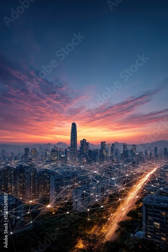 Wallpaper Mural City skyline at sunrise, interconnected network Torontodigital.ca