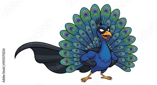 Cartoon Superhero Peacock Character with Cape and Mask, Showing Tail Feathers
