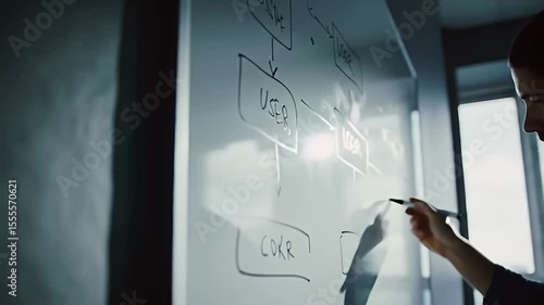 Whiteboard diagram with boxes, arrows, and handwritten text