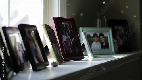 Framed photos on a shelf, backlit by a window, creating shadows
