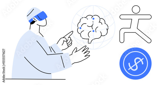 Person wearing VR headset interacting with brain graphic, abstract running figure, and monetary icon. Ideal for technology, innovation, fitness, neuroscience, finance, healthcare immersive