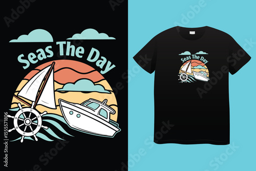 Nautical sailing club t-shirt vector print. Vessel stockless anchor with rope in shackle ring illustration and typography. Sailing club member, sailor or seafarer clothing print design mockup 