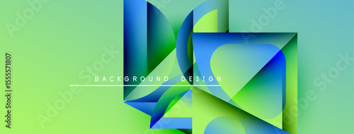 Abstract geometric shapes overlap, creating vibrant gradients. Light green background complements blue, yellow hues. Modern design element.