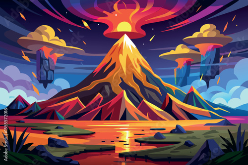 Colorful volcanic landscape at sunset with vibrant clouds and a reflective body of water
