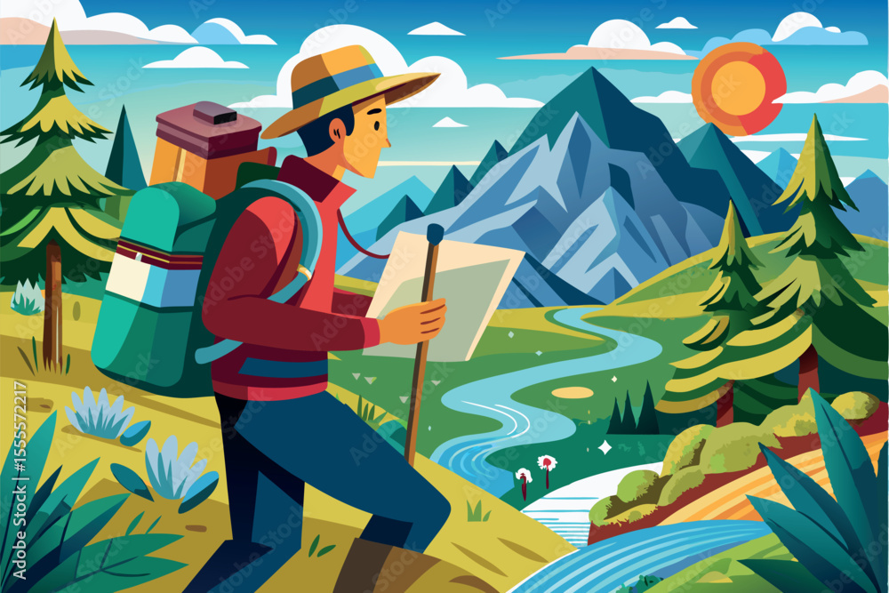 Fototapeta premium Hiking through vibrant landscapes with a map in hand under a sunny sky near a flowing river