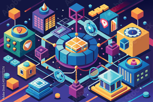 Colorful geometric digital landscape showcasing futuristic city elements and technology interactions at night