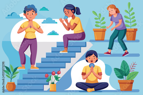 Individuals practicing mindfulness and meditation in a modern indoor space