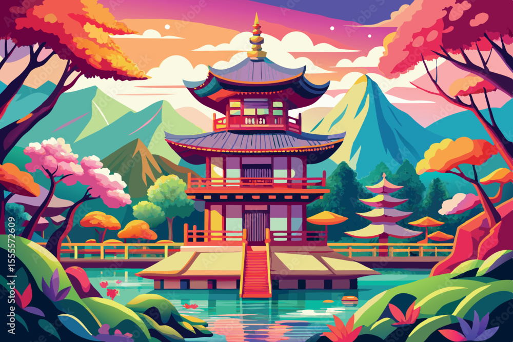 Fototapeta premium Colorful Asian landscape featuring traditional pagoda near serene water surrounded by lush mountains and vibrant trees at sunset