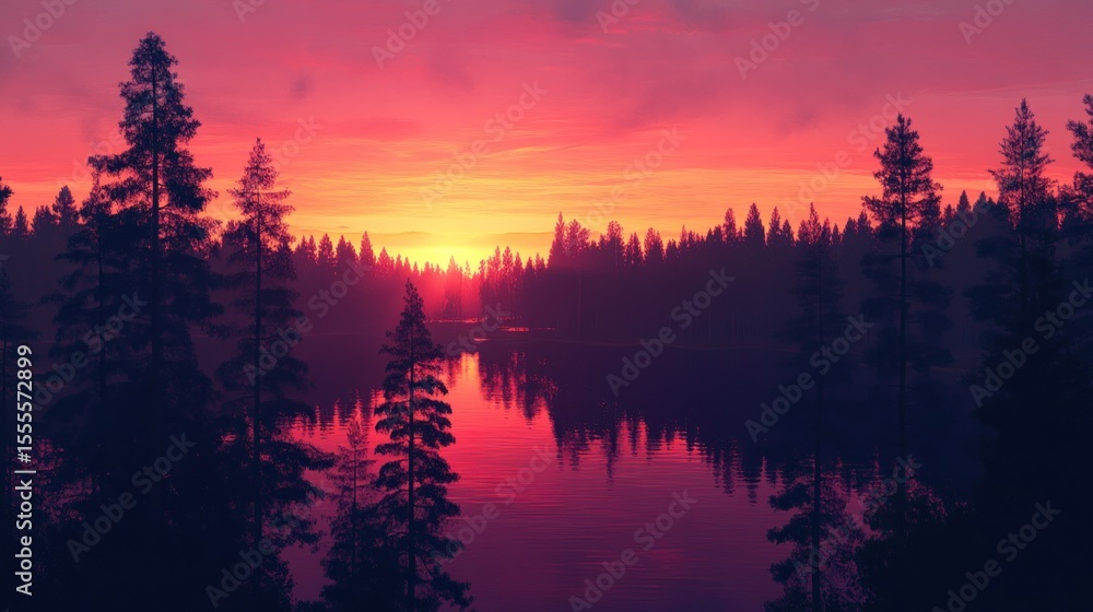 Obraz premium Crimson Sunset Over a Tranquil Lake