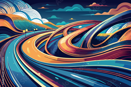 Colorful winding road through a vibrant landscape during twilight with dramatic skies above