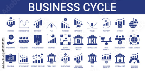 Business Cycle icon pack with recession, inflation, and depression icon 
