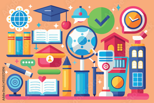 Educational icons representing various fields of study and learning in a colorful and engaging layout