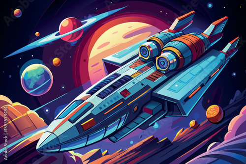 Colorful illustration of a futuristic spaceship soaring through vibrant galaxies filled with planets and stars