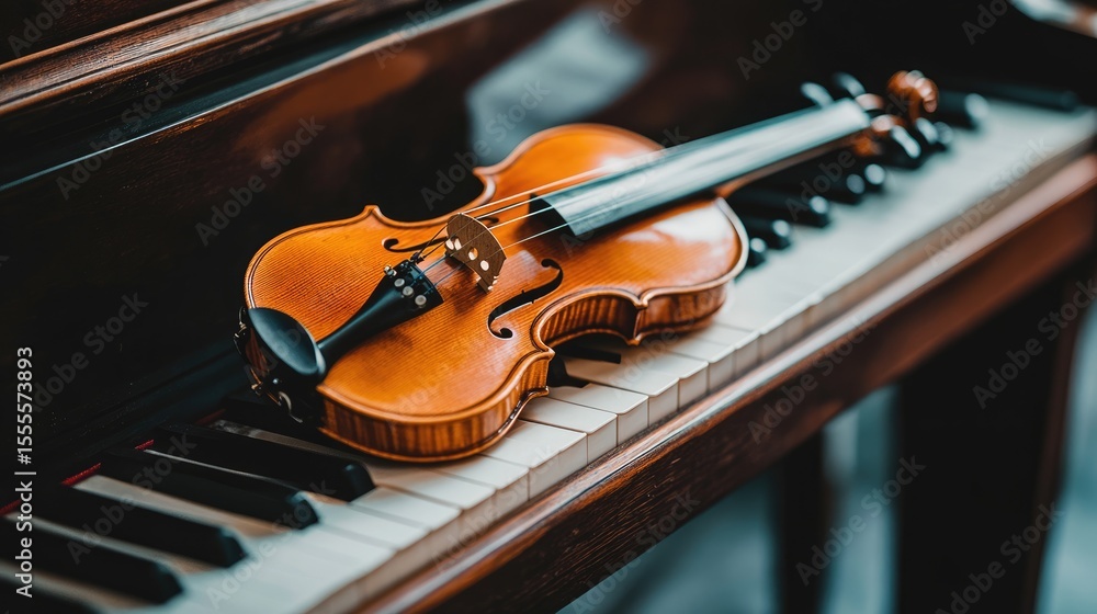 Fototapeta premium Violin Resting on Piano Keys