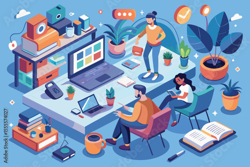 Team collaboration in a creative workspace with modern technology and plants during a bright day