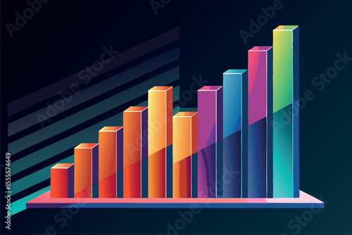 Colorful graph illustration showing data trends with rising bar heights on a dark background