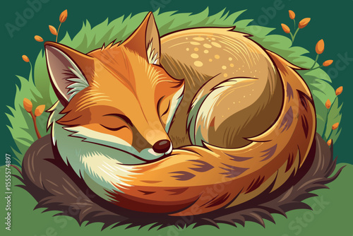 Sleepy fox curled up in a cozy nest among green grass and plants during a bright afternoon
