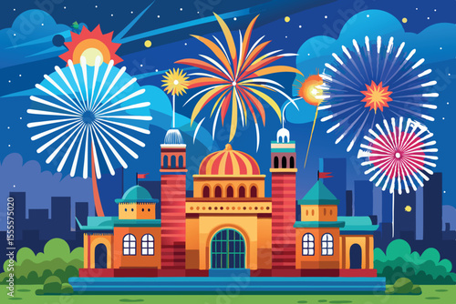 Colorful fireworks brighten the night sky above a vibrant castle in a festive city celebration