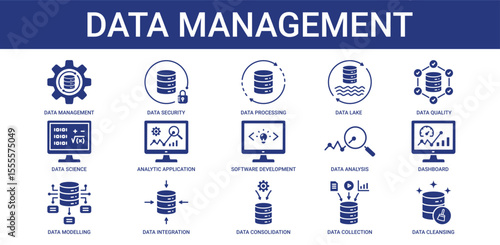 Data Management icon pack with data security, data lake and data analysis icon