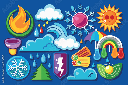 Weather symbols and icons representing various weather patterns displayed on a colorful background