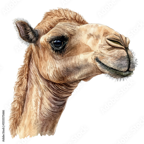 Dromedary Close Up, watercolor clipart vector, isolated on a white background.