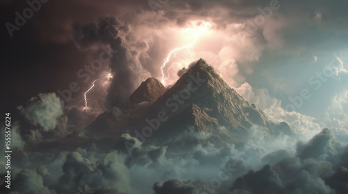 Photorealistic depiction of Mount Sinai shrouded in dark clouds, illuminated by lightning, evoking a sense of awe and reverence, reminiscent of biblical accounts in Exodus 19.