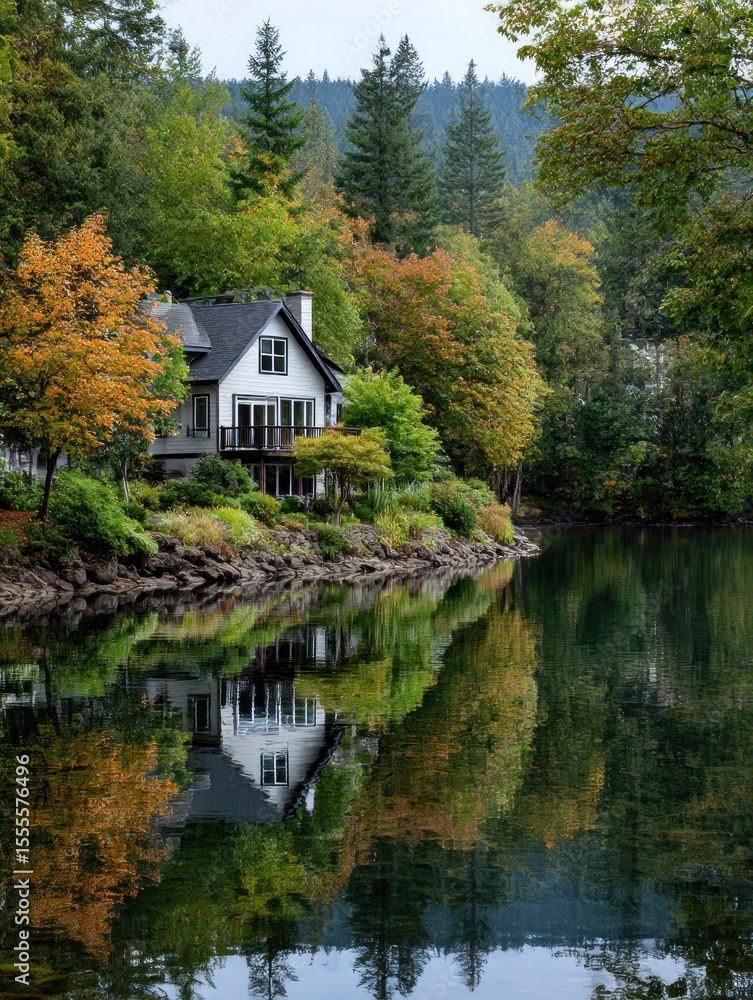 Fototapeta premium Autumn house reflecting on calm lake
