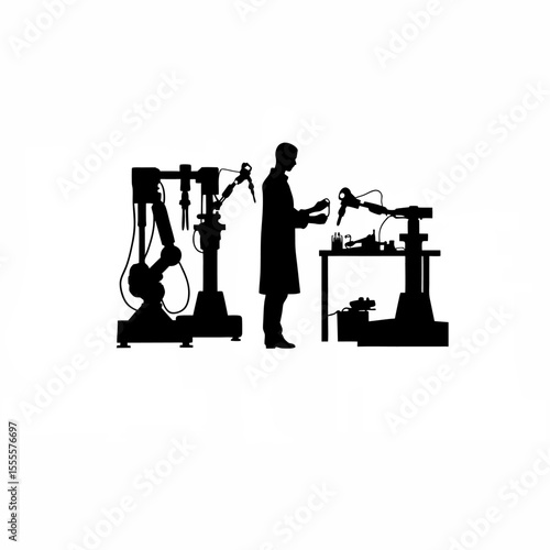 Silhouette of a scientist testing artificial limbs in a biomechanics lab on white background