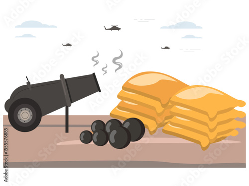 Battle tools with sacks, bullets and cannons, monitored by helicopter. War illustration. Flat vector illustration.