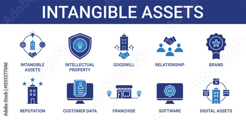 Intangible assets icon pack with intellectual property, brand and franchise icon