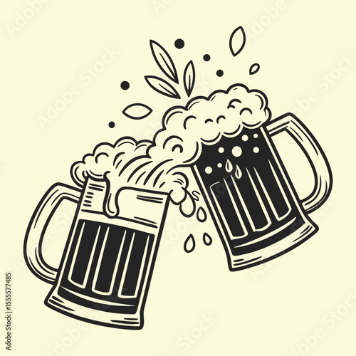 An illustration of two beer mugs clinking, with overflowing foam and droplets, on a light yellow background.